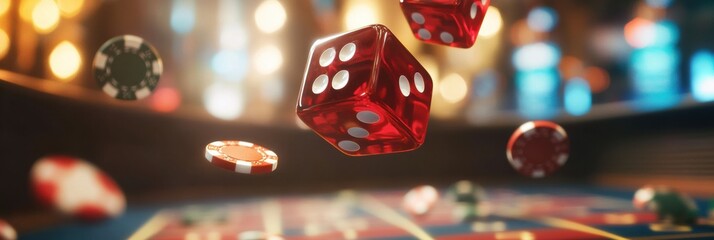 Poster - Red dice are flying above a craps table, surrounded by scattered poker chips in a lively casino atmosphere at night. Generative AI
