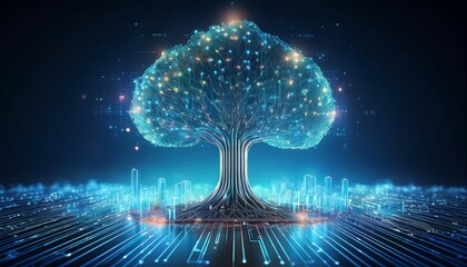 generative ai illustration of beautiful glowing tree growing on cities representing digital technology in studio