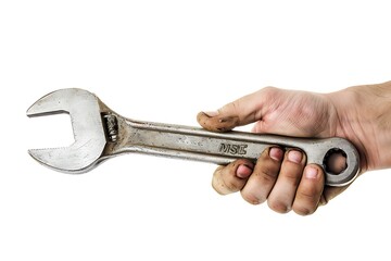 Mechanic hand hold spanner tool in hand isolated on white background