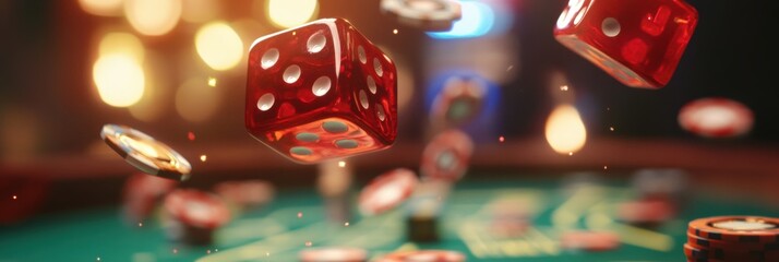 Poster - Red dice are airborne over a craps table, surrounded by scattered chips, as players anticipate the outcome of the thrilling game. Generative AI