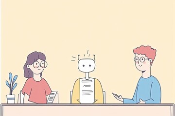 A cartoon drawing of a business team meeting with an AI assistant. The scene depicts collaboration between two individuals and a robot. Perfect for illustrating modern consultation themes.