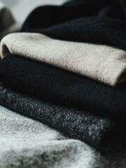 Aufkleber - A collection of neatly folded minimalist sportswear featuring neutral colors arranged on a smooth table in a contemporary space. Generative AI