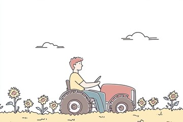 A farmer driving a tractor through a vibrant sunflower field, showcasing rural life and agriculture. Perfect for themes of nature and farming.