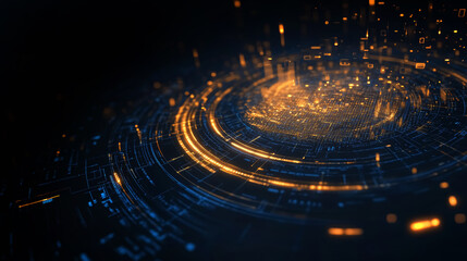 Wall Mural - creative blue and golden tech spiral on dark abstract background. big data, ai and futuristic digita
