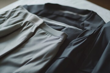 Aufkleber - Neatly arranged minimalist sportswear on a smooth table highlights its sleek design ideal for workouts and casual wear. Generative AI