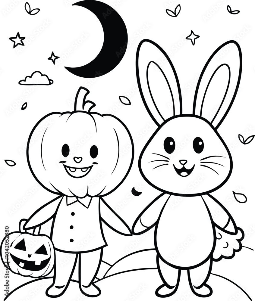 Halloween Rabbit pumpkin head face drawing black line art coloring page ...