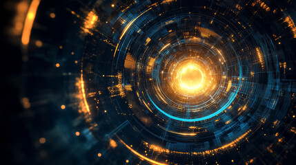 Wall Mural - creative blue and golden tech circle on dark background. big data and futuristic digital technology 
