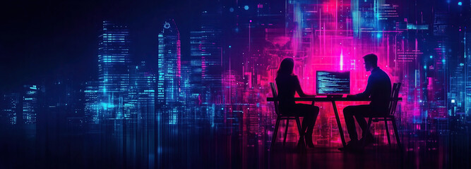 Two figures are engaged in high-tech research at a table, surrounded by a vibrant neon-lit urban skyline, reflecting innovation and creativity at night