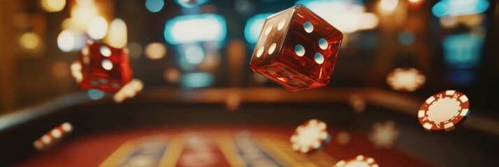 Poster - Red dice are airborne above a craps table, surrounded by various casino chips, capturing a moment of thrill and luck. Generative AI