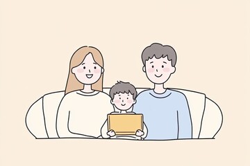 This hand-drawn vector illustration depicts a happy family watching a movie together, capturing a warm moment of love and togetherness in a cozy setting.