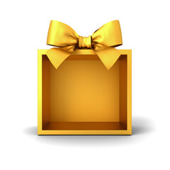 Aufkleber - Gold luxury gift box product display showcase mockup or blank exhibition booth expo all gold gift box stand with golden ribbon bow isolated on white background minimal conceptual 3D rendering