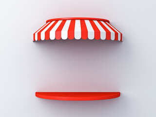 Aufkleber - Blank red product display podium expo pavilion kiosk shop shelf or exhibition booth store mockup shelf with red striped awning dome isolated on white grey wall background minimal concept 3D rendering