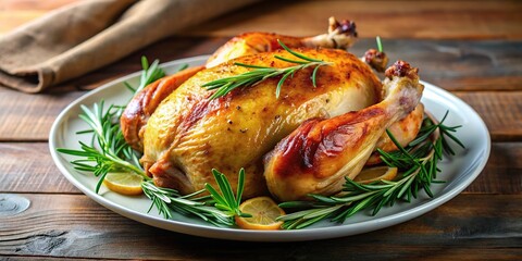 Wall Mural - Plated dish of roasted chicken with rosemary sprigs