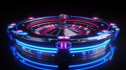 Poster - Neon numbers illuminate a roulette table, attracting players eager for excitement inside a bustling Las Vegas casino at night. Generative AI