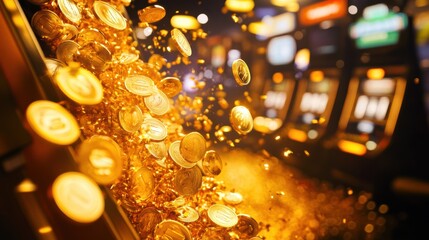 Poster - Golden coins spill from a slot machine, creating a dazzling display in a lively casino environment, embodying thrill and fortune. Generative AI