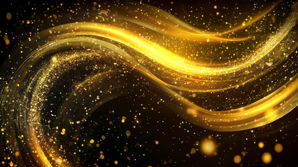 Wall Mural - abstract golden luminous light effect on black background, round sparkles and swirling light lines. 