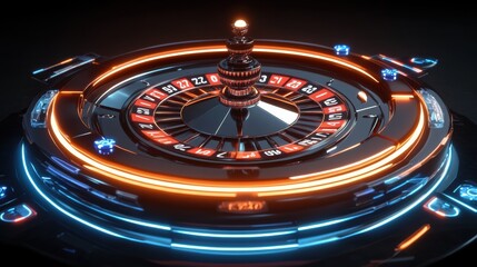 Poster - A roulette table glows with neon numbers, creating an electrifying atmosphere at a bustling casino during a lively gaming session. Generative AI