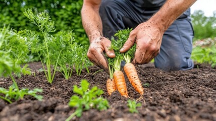 Gardener harvesting fresh carrots from soil in a green garden.