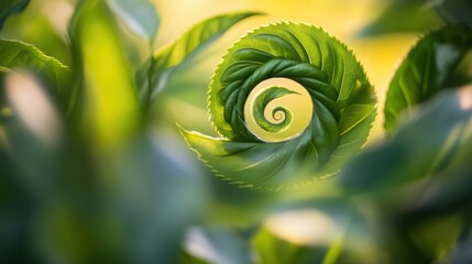 Aufkleber - A single tea leaf spirals delicately among vibrant greenery, illuminated by soft morning light, highlighting nature's beauty. Generative AI
