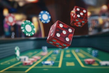 Poster - Red dice soar through the air above a craps table, scattered chips creating a lively atmosphere as players eagerly await the outcome. Generative AI