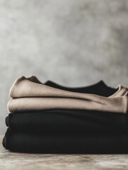 Aufkleber - Minimalist sportswear in neutral colors is folded neatly on a smooth table, showcasing its clean lines and modern aesthetic for active lifestyles. Generative AI