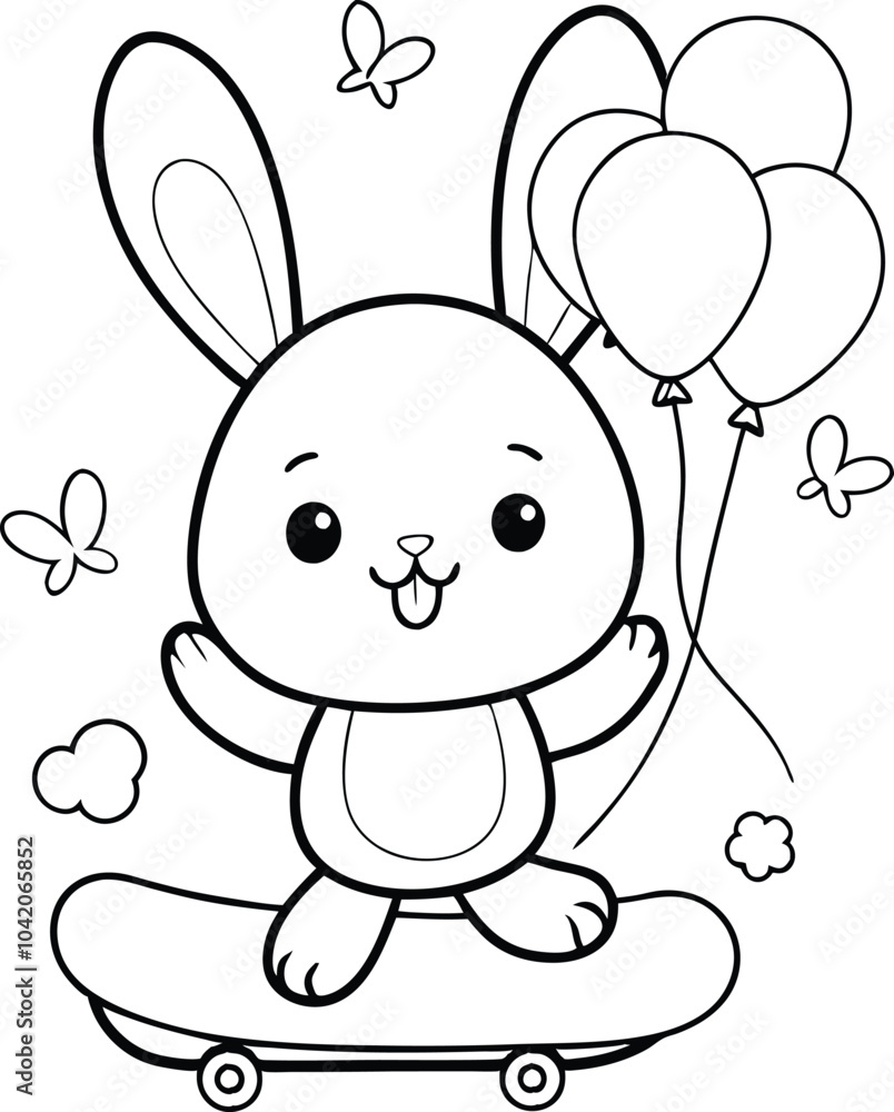 Drawing bunny playful line art coloring page, cute rabbit cartoon ...