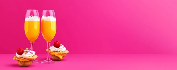 Two elegant glasses of orange beverage paired with delicious desserts against a vibrant pink background.