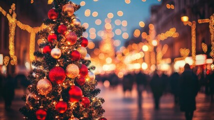 Wall Mural - festive christmas tree on vibrant city street at night