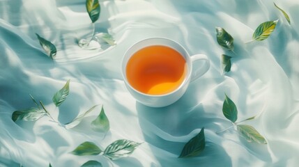 Poster - A tea cup sits among delicate leaves, the warm beverage creating a calming atmosphere in a peaceful environment. Generative AI