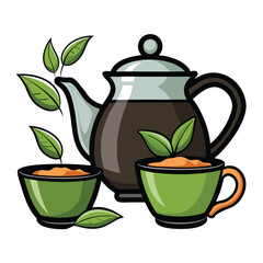 Black tea set isolated on white background. Glass cup and teapot, fresh and dried tea leaves. Vector illustration in cartoon simple flat style.