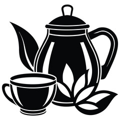 Black tea set isolated on white background. Glass cup and teapot, fresh and dried tea leaves. Vector illustration in cartoon simple flat style.