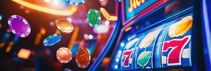 Poster - Coins and colorful poker chips are soaring through the air after a slot machine hits the jackpot, creating an exciting atmosphere in the casino. Generative AI