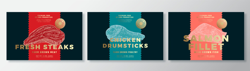 Wall Mural - Beef and Salmon Steak, Chicken Leg Vector Packaging Label Design Templates Set. Product Banner, Hand Drawn Meat, Fish and Poultry Sketches. Food Background Layout with Gold Foil Isolated
