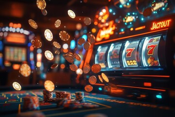 Poster - Coins and poker chips are soaring through the air as a slot machine proudly announces a jackpot in a bustling casino atmosphere. Generative AI