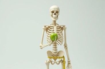 Full length, The concept of a skeleton holding a green apple. A tape for measuring centimeters is tied to the belt. Plain light background 