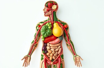 human body made of fresh fruits and vegetables on light background . Healthy nutrition concept. Close-up from waist up