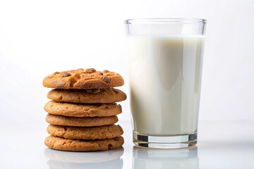 Composition of milk and cookies with glass of milk on white background