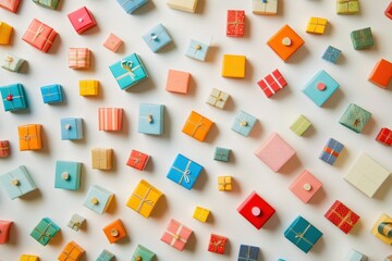 Wall Mural - An array of small, colorful gift boxes in different sizes displayed in a creative layout, showcasing their diverse designs and patterns. Generative AI