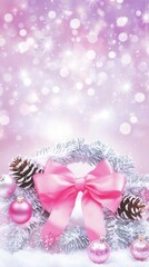 Wall Mural - sparkling winter holiday background with pink bow festive decor