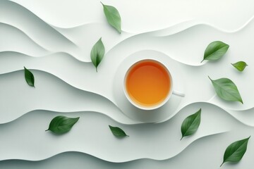 Poster - The tea cup sits gracefully amidst a delicate wave pattern of leaves, creating a tranquil atmosphere perfect for relaxation. Generative AI