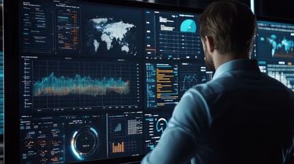 Wall Mural - business intelligence analyst dashboard on virtual screen. big data graphs charts. big data. ultra r
