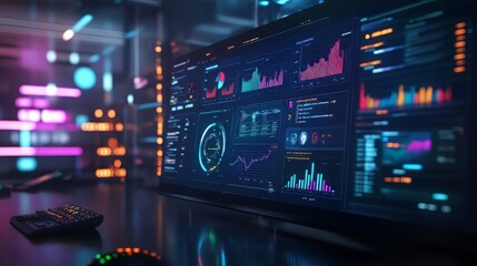 Wall Mural - business intelligence analyst dashboard on virtual screen. big data graphs charts. big data. ultra r