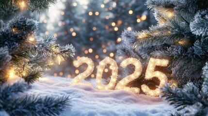 Wall Mural - winter holiday celebration with sparkling 2025 sign festive lights