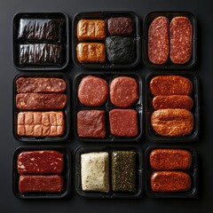 Packaged plant-based meats in different sizes and shapes, neatly arranged in a top-down perspective, highlighting product options