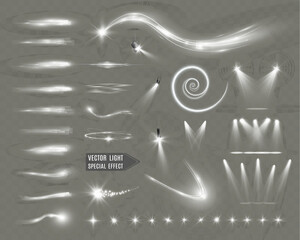 Wall Mural - set of bright light effects, spotlights, stars, abstract light lines.
