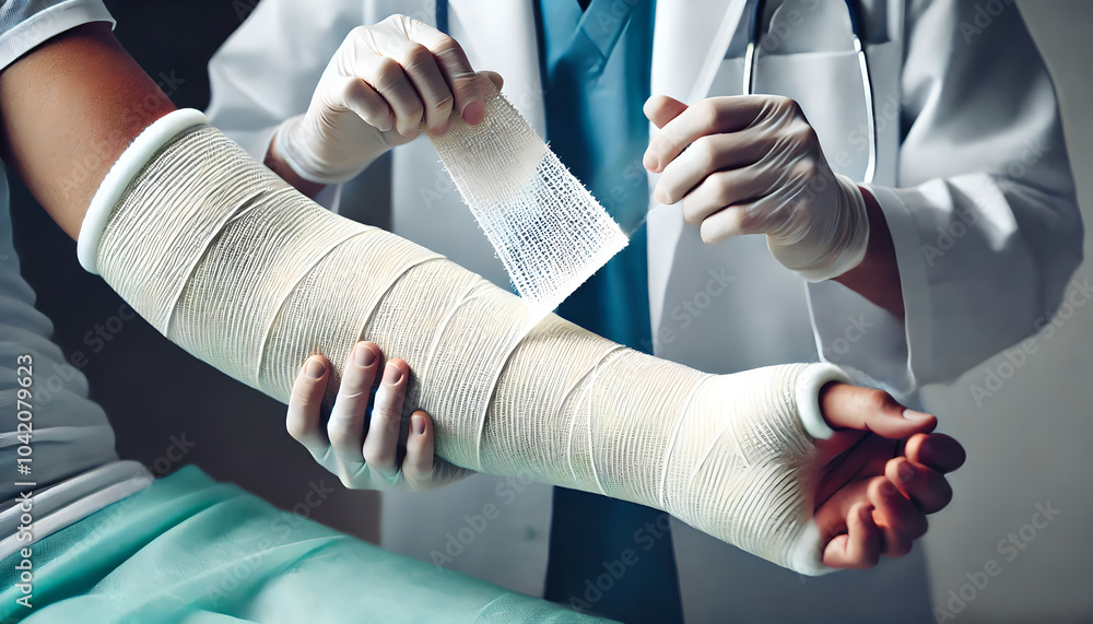 Healthcare professional applying cast to patient’s broken arm. show ...