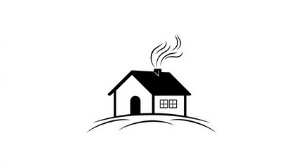 Wall Mural - simple black house illustration with chimney and smoke rising, set against white background. This design evokes sense of warmth and comfort, ideal for various creative projects