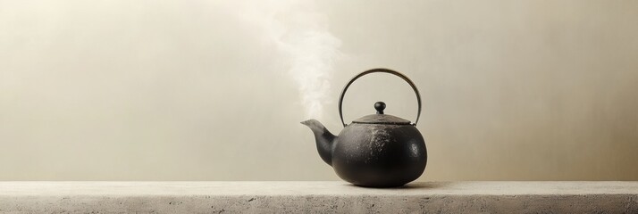 Poster - A kettle emits thin lines of steam while resting on a light surface, enhancing the calm and inviting ambiance of the space. Generative AI