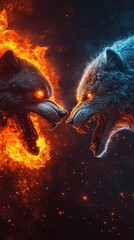 Fiery icy wolves face- in mystical confrontation