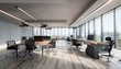 © l1gend - Luxury spacious concrete coworking office interior with wooden flooring, furniture, panoramic windows and daylight. 3D Rendering.